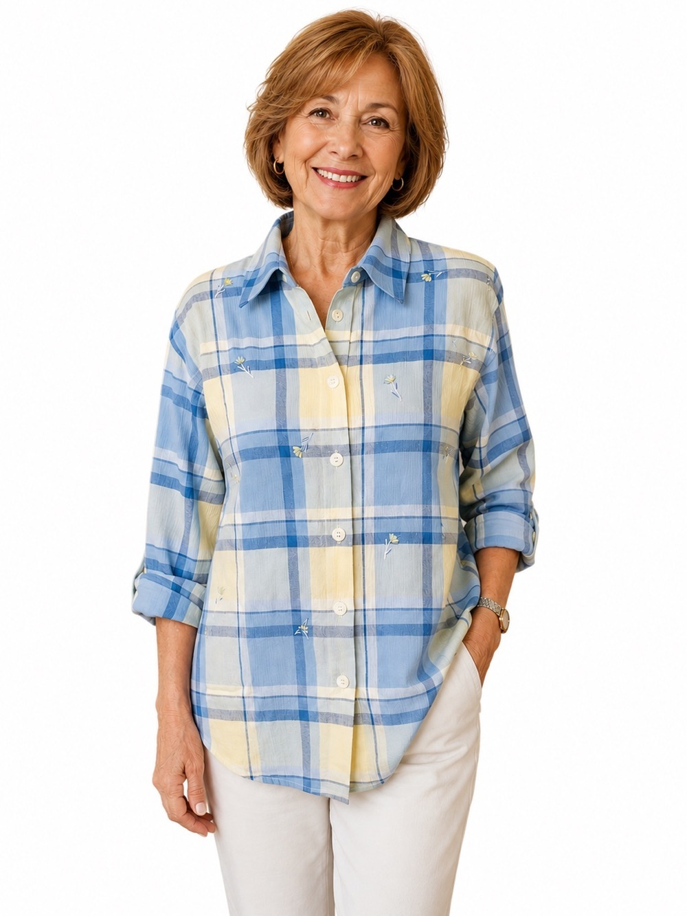 Draper’s & Damon’s Women’s Plaid Embroidered Button Down Shirt Size Small.